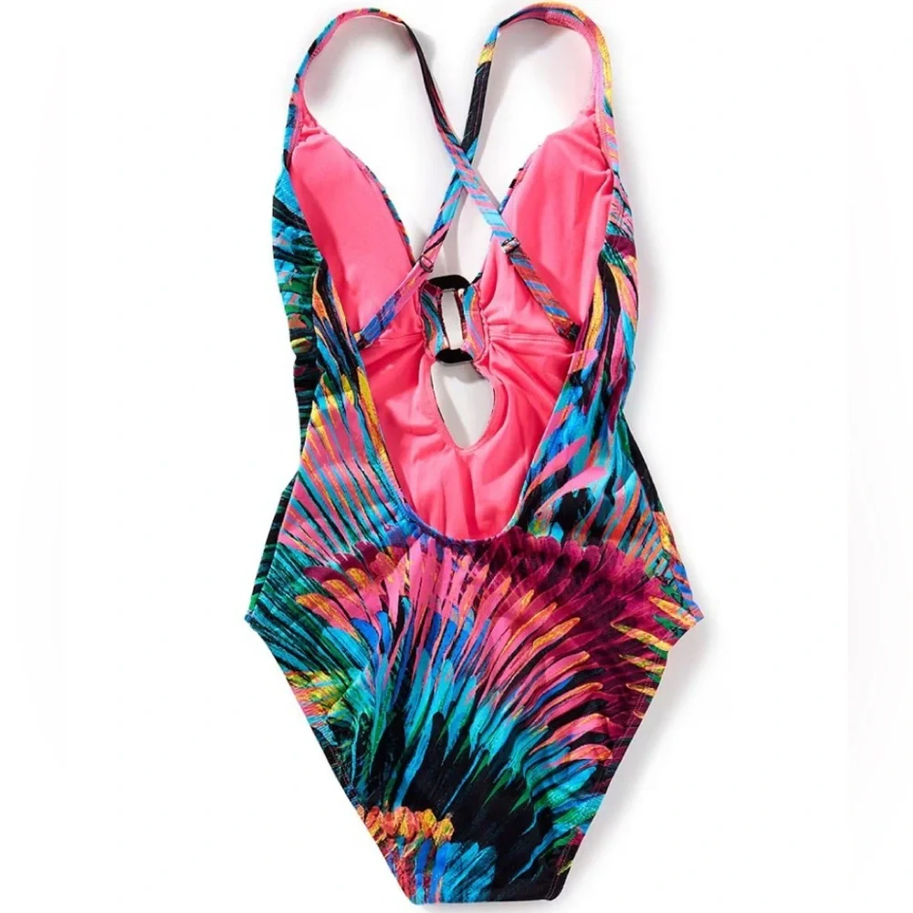 NWT Bleu Rod Beattie Blue and Pink One-Piece Swimsuit X Back